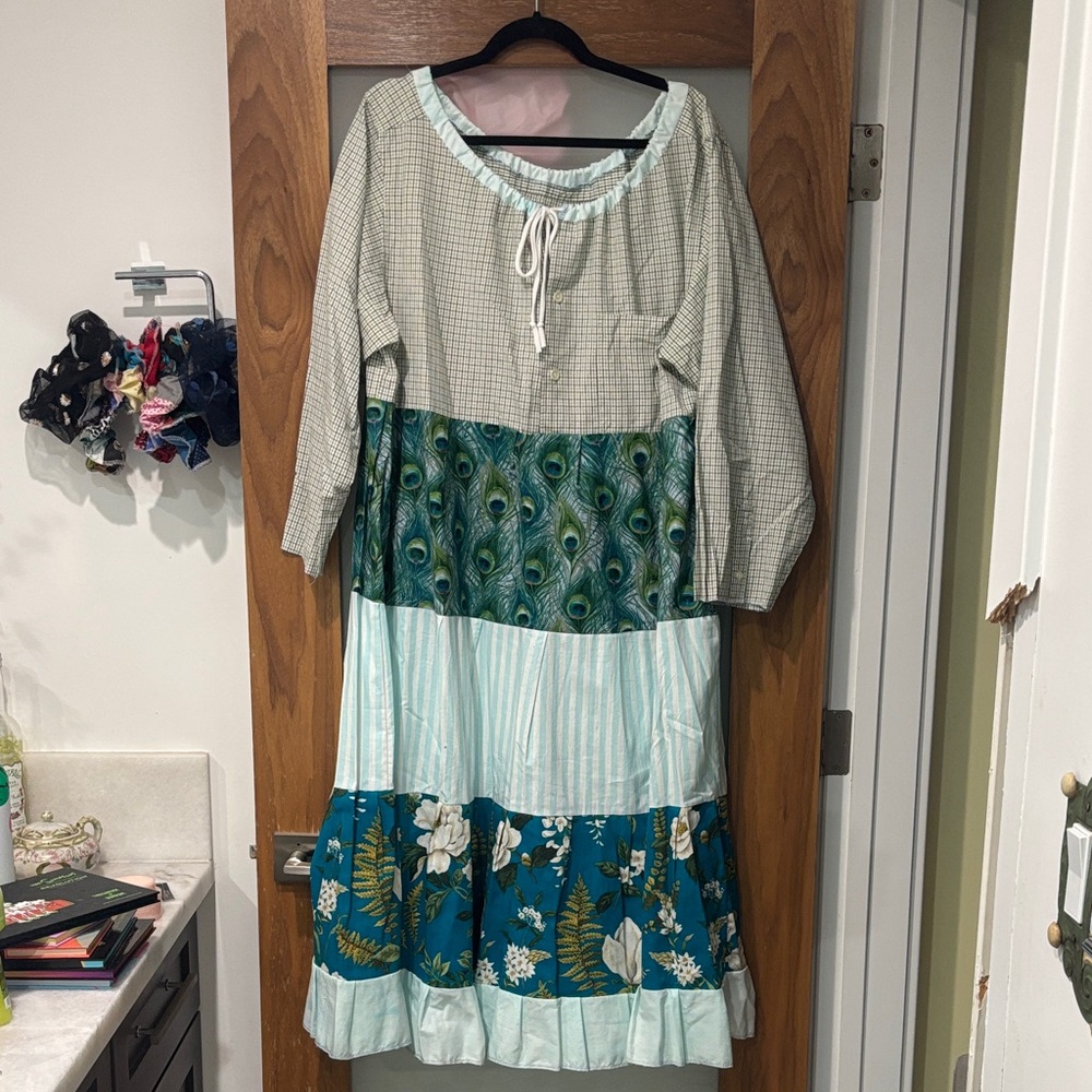 Handmade Patchwork Green Blue Colorblock Prairie Maxi Dress